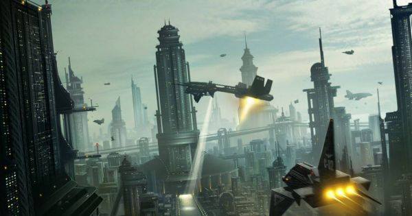 Artistic rendering of a futuristic city with spaceships taking off