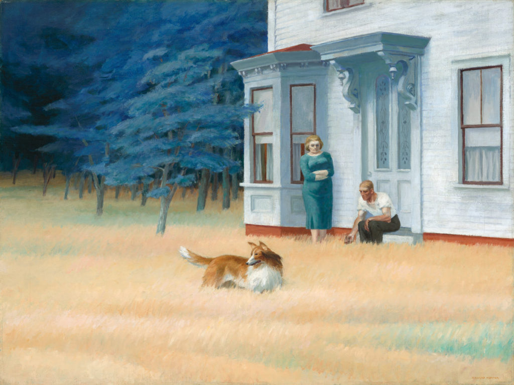 Cape Cod Evening, a painting by Edward Hopper, shows a collie standing in the middle of a field being beckoned by a man sitting on the front step of a house. A woman stands nearby with her arms crossed.