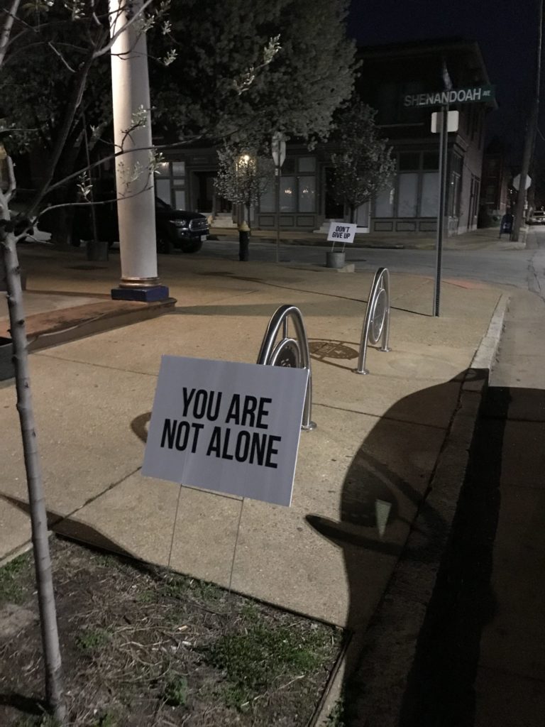 photo of two yard signs that say "You Are Not Alone" and "Don't Give Up"