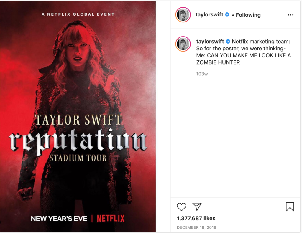 Screenshot of an Instagram post by Taylor Swift dressed in black on a red background, with the caption: "Netflix marketing team: So for the poster, we were thinking- Me: CAN YOU MAKE ME LOOK LIKE A ZOMBIE HUNTER"